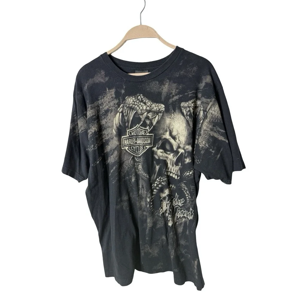 Vintage AOP vy2k Harley Davidson Ride‎ Hard Snake Skull graphic t-shirt sz XL